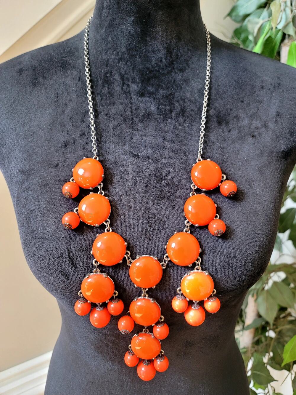 Orange Bubble Bead Statement Necklace Chunky Bib Gold Tone Fashion Jewelry